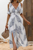 Summer Printed Slit V-Neck Off Shoulder Dress