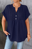 V-Neck Button Pleated Lace Short Sleeve Shirt