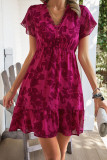 Ruffle V-Neck Waist Cinched Printed Dress
