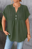 V-Neck Button Pleated Lace Short Sleeve Shirt