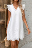 Solid Color V-Neck Short Sleeved Hollow Dress