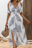 Summer Printed Slit V-Neck Off Shoulder Dress