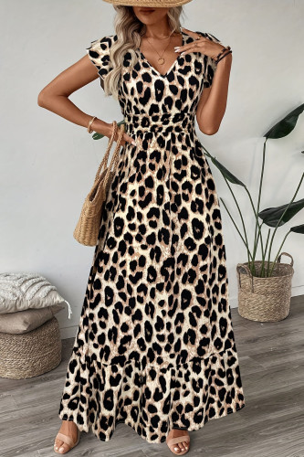Leopard Print V-Neck Short Sleeved Dress