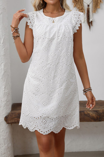Solid Color Short Sleeved Lace Hollow Dress