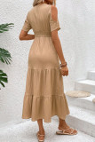 V-Neck Short Sleeved Pleated Solid Color Dress