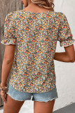 Square Neck Short Sleeved Printed Ruffle T-Shirt
