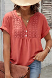 V-Neck Button Pleated Lace Short Sleeve Shirt