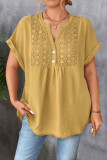 V-Neck Button Pleated Lace Short Sleeve Shirt