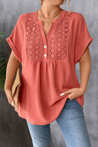 V-Neck Button Pleated Lace Short Sleeve Shirt
