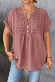V-Neck Button Pleated Lace Short Sleeve Shirt