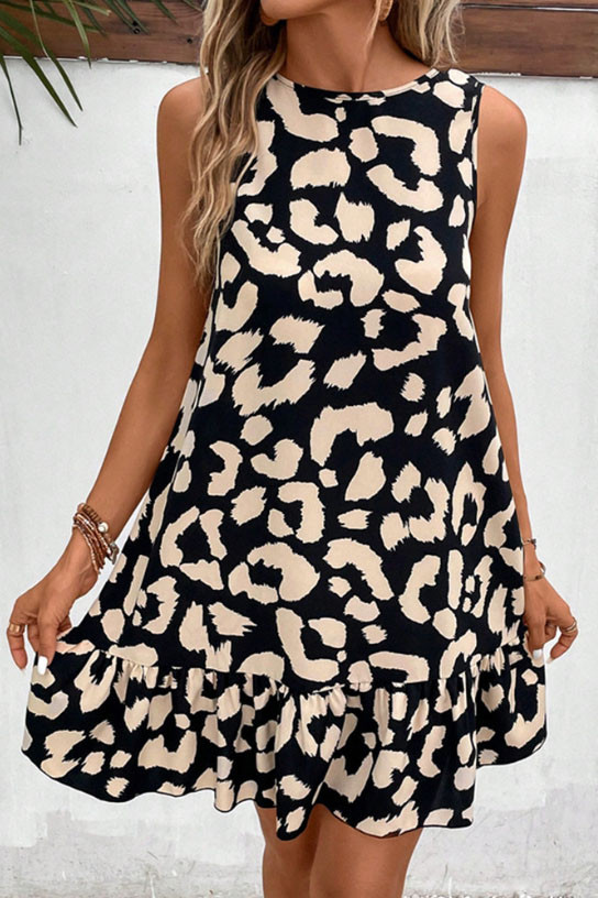 Printed Round Neck Sleeveless Backless Dress