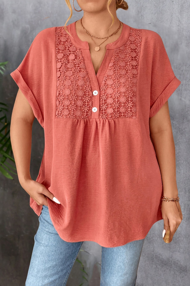 V-Neck Button Pleated Lace Short Sleeve Shirt