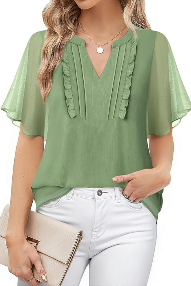 Chiffon Ruffled Short Sleeved V-Neck Shirt