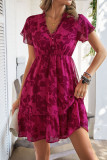 Ruffle V-Neck Waist Cinched Printed Dress