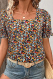 Square Neck Short Sleeved Printed Ruffle T-Shirt