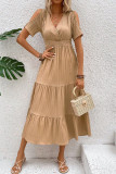 V-Neck Short Sleeved Pleated Solid Color Dress