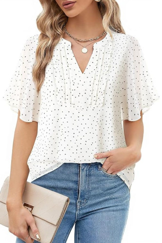 Chiffon Ruffled Short Sleeved V-Neck Shirt