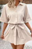 Solid Color Lapel Waist Cinching Jumpsuit