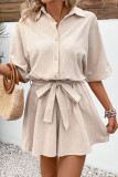 Solid Color Lapel Waist Cinching Jumpsuit
