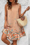 Round Neck Printed Ruffle Sleeveless Dress