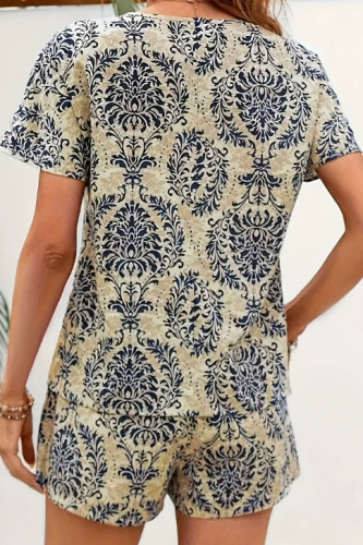 V-Neck Printed Shirt Shorts Two-Piece Set