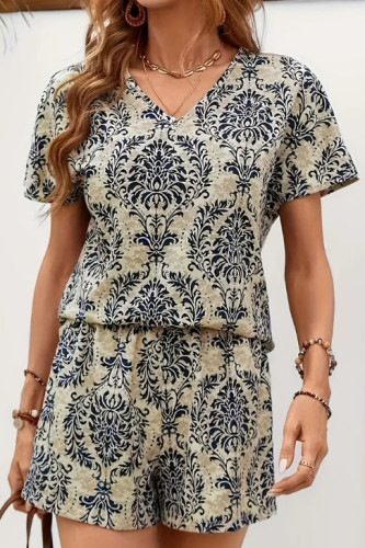 V-Neck Printed Shirt Shorts Two-Piece Set