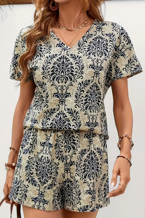 V-Neck Printed Shirt Shorts Two-Piece Set