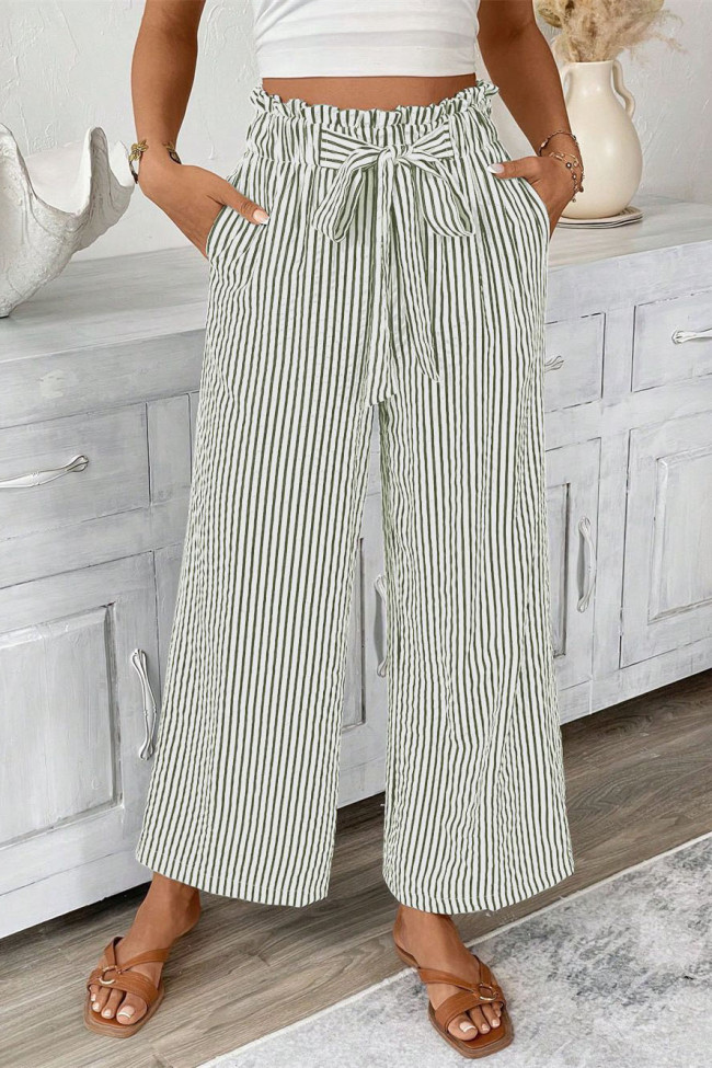 Elastic High Waisted Striped Printed Straight Leg Pants