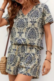 V-Neck Printed Shirt Shorts Two-Piece Set
