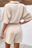 Solid Color Lapel Waist Cinching Jumpsuit