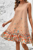 Round Neck Printed Ruffle Sleeveless Dress