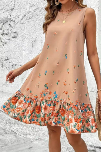 Round Neck Printed Ruffle Sleeveless Dress