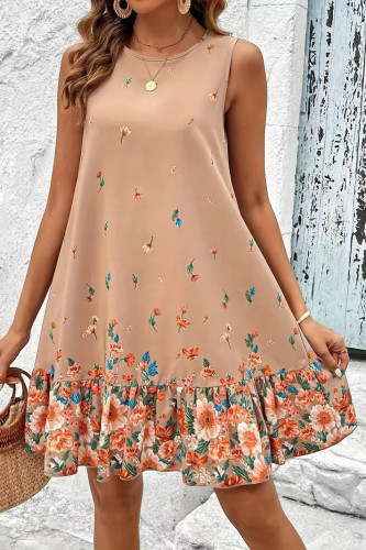 Round Neck Printed Ruffle Sleeveless Dress