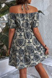 Printed Strapless Waist Cinching Short Sleeve Dress