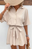 Solid Color Lapel Waist Cinching Jumpsuit