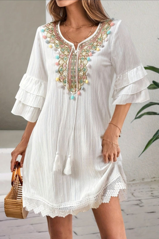 Bohemian Ruffle Short Sleeved Tassel Dress
