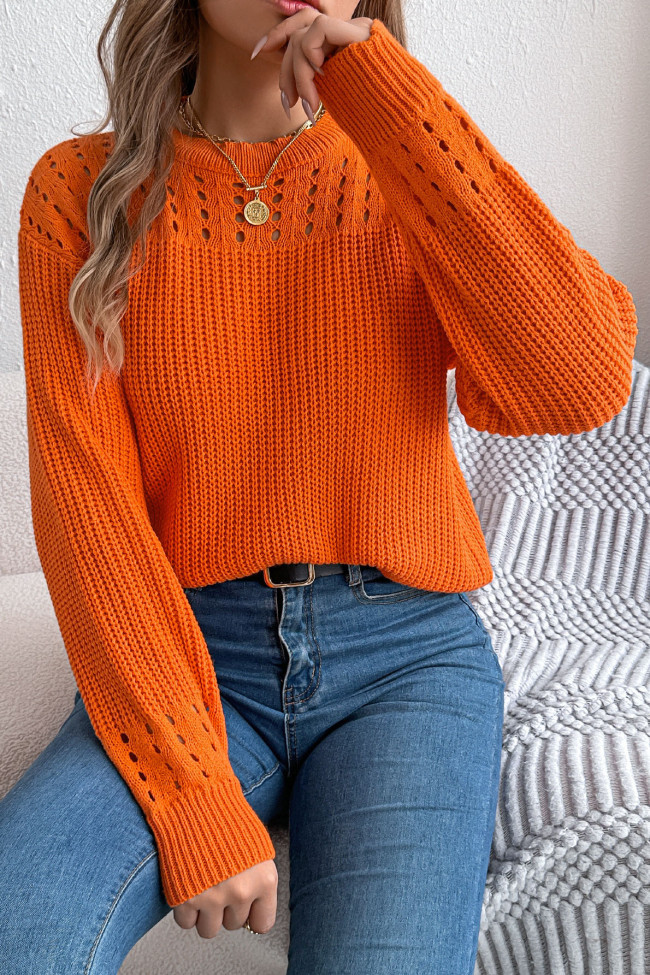 Solid Color Hollow Lantern Long Sleeved Sweater