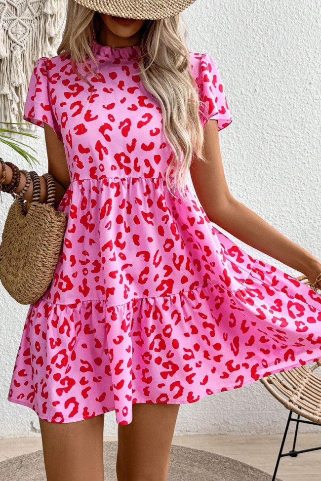 Leopard Print Round Neck Waist Cinched Dress