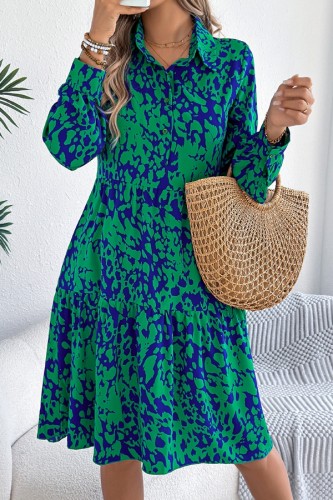 Leopard Print Long Sleeved Lapel Shirt Dress
