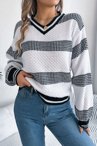 V-Neck Striped Lantern Long Sleeved Sweater