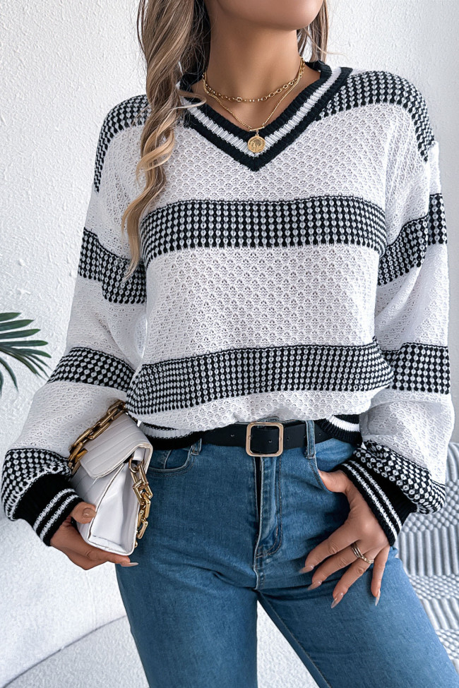V-Neck Striped Lantern Long Sleeved Sweater