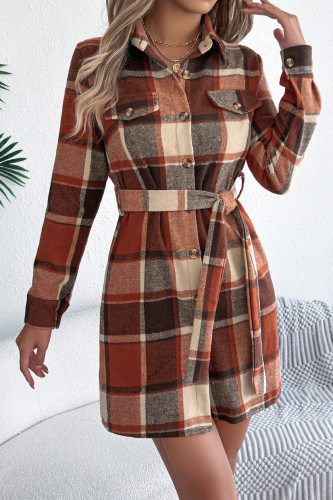 Lapel Plaid Printed Long Sleeved Shirt Dress