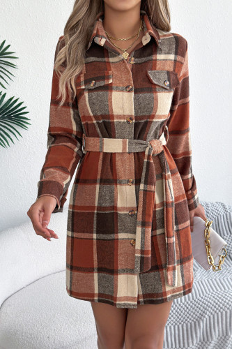 Lapel Plaid Printed Long Sleeved Shirt Dress