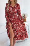V-Neck Long Sleeved Waist Cinched Ruffle Dress