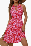V-Neck Printed Waist Cinched Sleeveless Dress