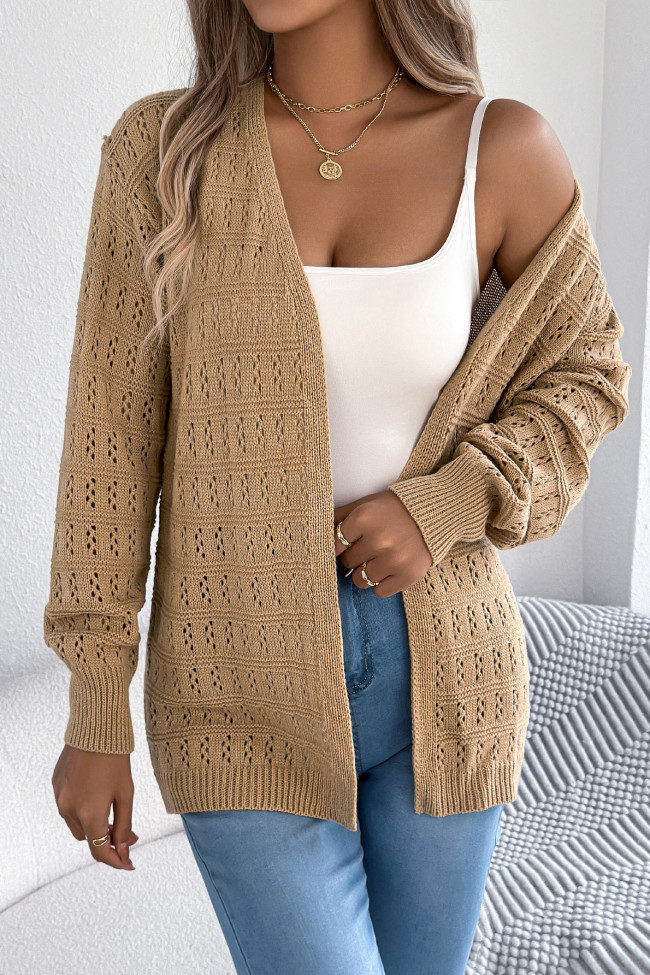 Solid Color Hollow Lantern Long Sleeved Cardigan