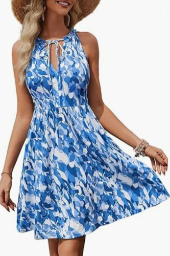 V-Neck Printed Waist Cinched Sleeveless Dress