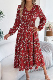 V-Neck Long Sleeved Waist Cinched Ruffle Dress