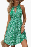V-Neck Printed Waist Cinched Sleeveless Dress