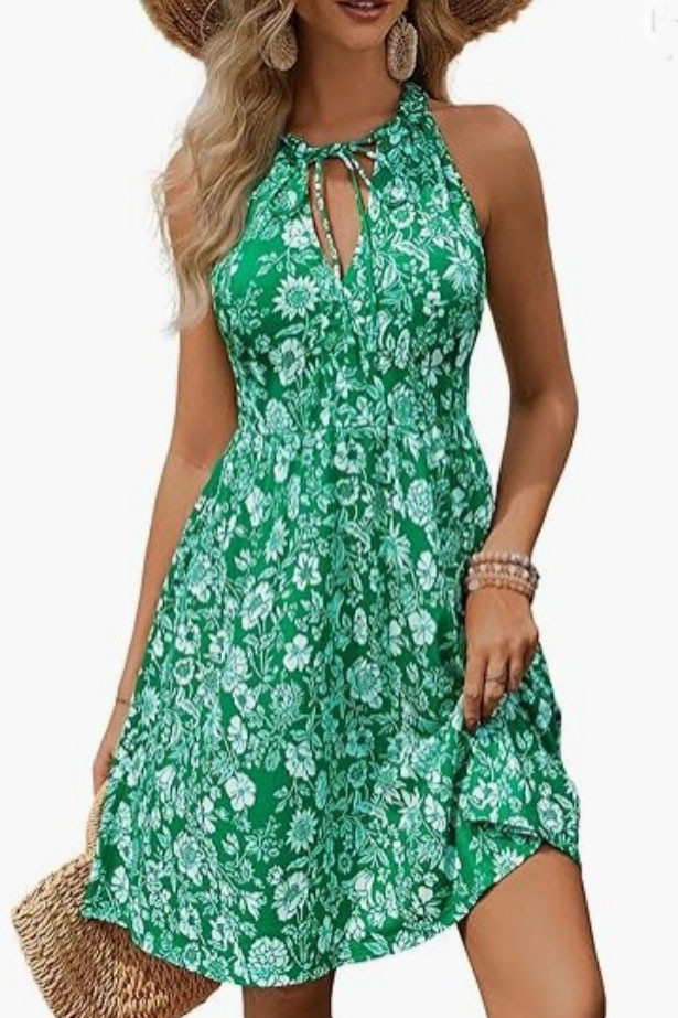 V-Neck Printed Waist Cinched Sleeveless Dress